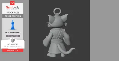 Cartoon cat figure in Jedi attire with ring on head, viewed from behind, designed for 3D printing.