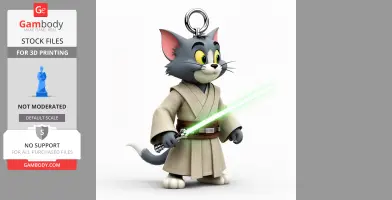 Cartoon cat in Jedi robe holding a green lightsaber, designed as a 3D printable ring figure.