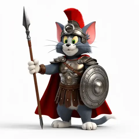 Cartoon cat in Spartan armor with a spear and shield, resembling a Roman soldier.