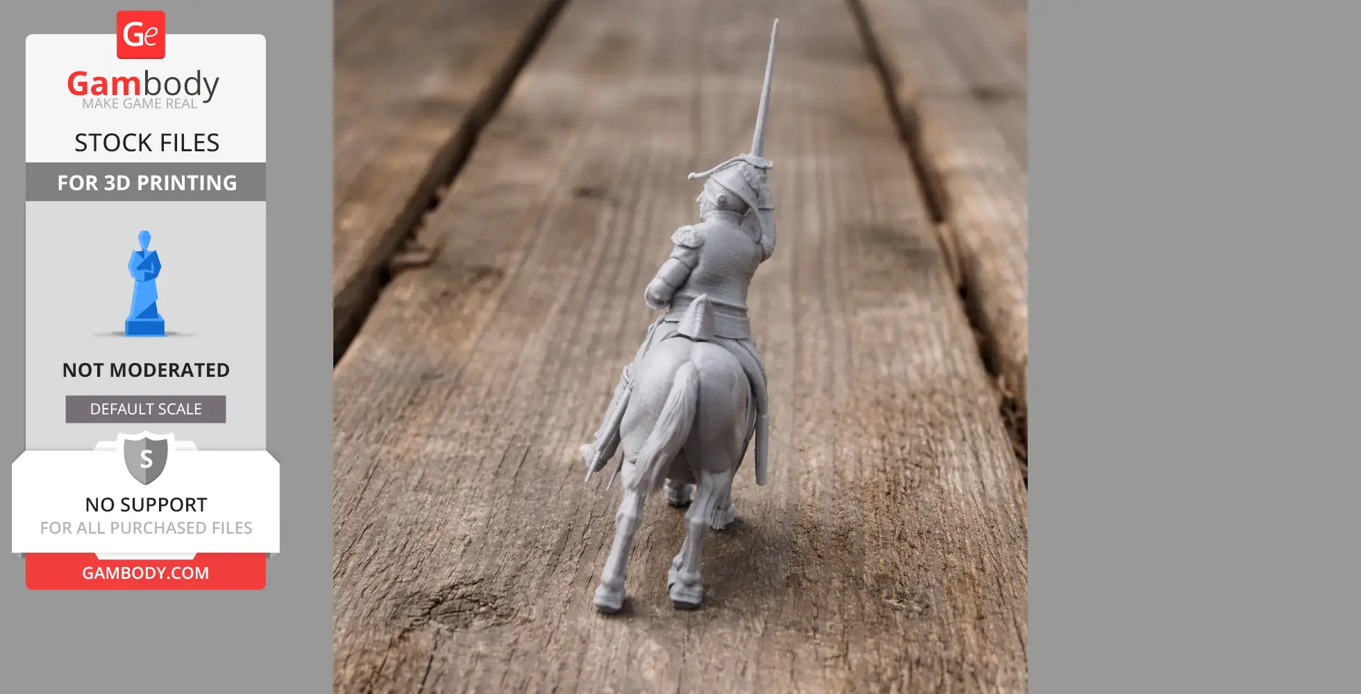 3D printed model of a Napoleonic soldier on horseback, viewed from behind, holding a raised sword.