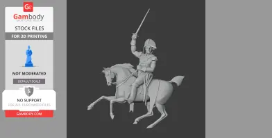 Napoleonic soldier on horseback, wielding a sword, ready for action. Suitable for 3D printing.