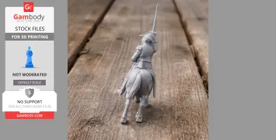 3D printed model of a Napoleonic soldier on horseback, viewed from behind, holding a raised sword.