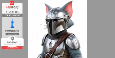 A humanoid figure with cat-like ears in Mandalorian armor, blending feline and sci-fi elements.