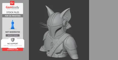 A 3D model of a Tom Cat dressed in Mandalorian armor, featuring ears and whiskers, STL for 3D printing.