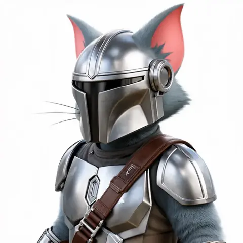 Anthropomorphic cat in Mandalorian armor with whiskers and visible ears. 