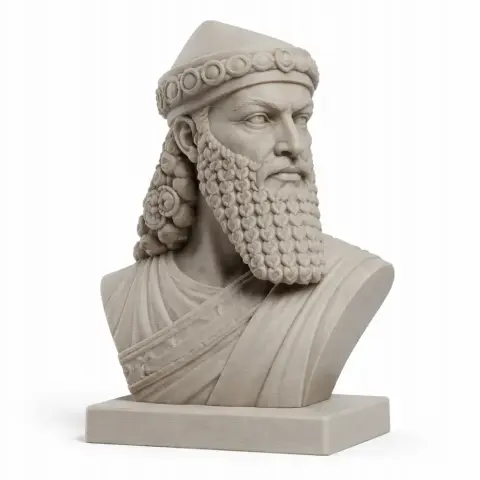 Bust of an ancient warrior with ornate beard and headdress on a square base.