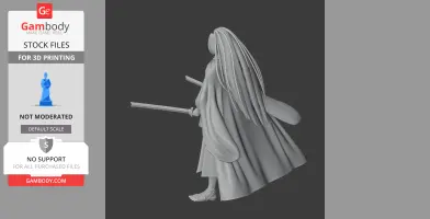 Samurai figure with long hair and traditional attire, wielding a sword, suitable for 3D printing.
