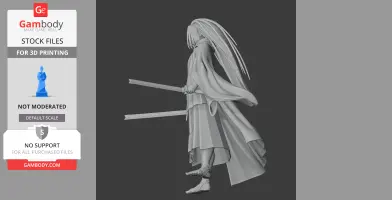 Samurai figure with flowing hair and dual swords, depicted in a dynamic pose.