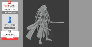Samurai warrior with detailed robes and two swords, poised in an action stance for 3D printing.
