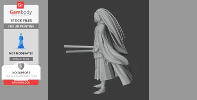 A detailed samurai figure with long hair, holding two swords, in a traditional pose and attire.