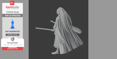 Samurai figure with long hair and a sword, wearing traditional attire, ready for 3D printing.