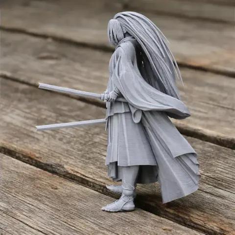 3D model of a samurai with long hair, wearing traditional attire, holding two swords, ready for 3D printing.