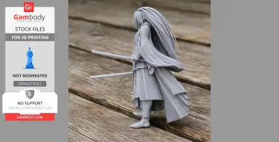 Samurai figurine with long hair and dual swords, dressed in traditional attire, in gray 3D printed material.
