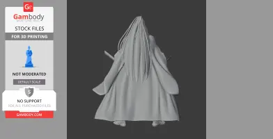 3D model of a samurai with long hair and flowing robes, viewed from the back, for 3D printing.