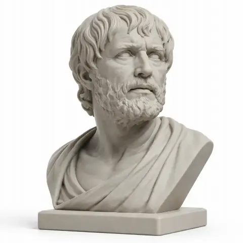 Bust of a bearded man with short hair wearing robes, gazing to the side, on a sturdy base.