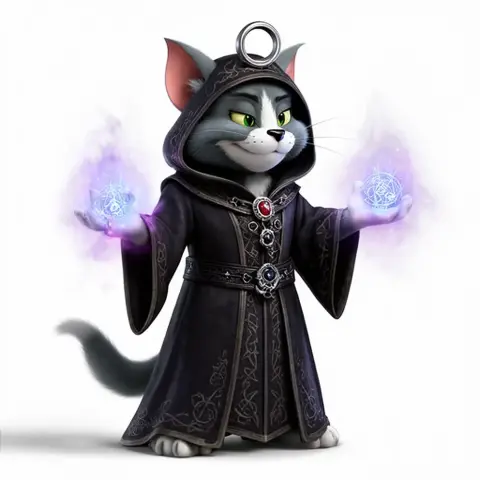 A cat in a wizard robe with glowing orbs, standing upright and casting a spell.