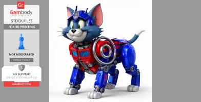 A cartoon cat in Optimus Prime-style armor, combining feline features with robotic elements.