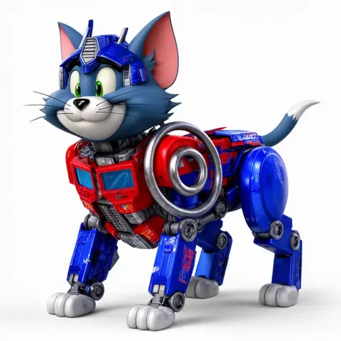 Mashup figure of a cartoon cat styled as a robotic character, with mechanical limbs and detailed armor.