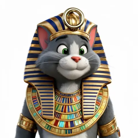 Cat character dressed as an ancient Egyptian pharaoh with a striped headdress and ornate collar.