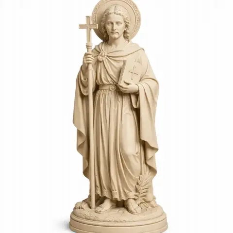 A detailed statue of Saint Abadiu holding a cross and book, wearing robes and standing on a circular base.