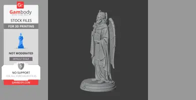 A winged saint statue holding a cross and book, draped in robes, standing on a decorative base.