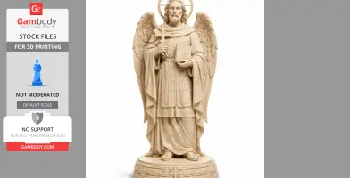 Winged saint statue holding a book and cross, with a halo, detailed robe, and intricate base design.