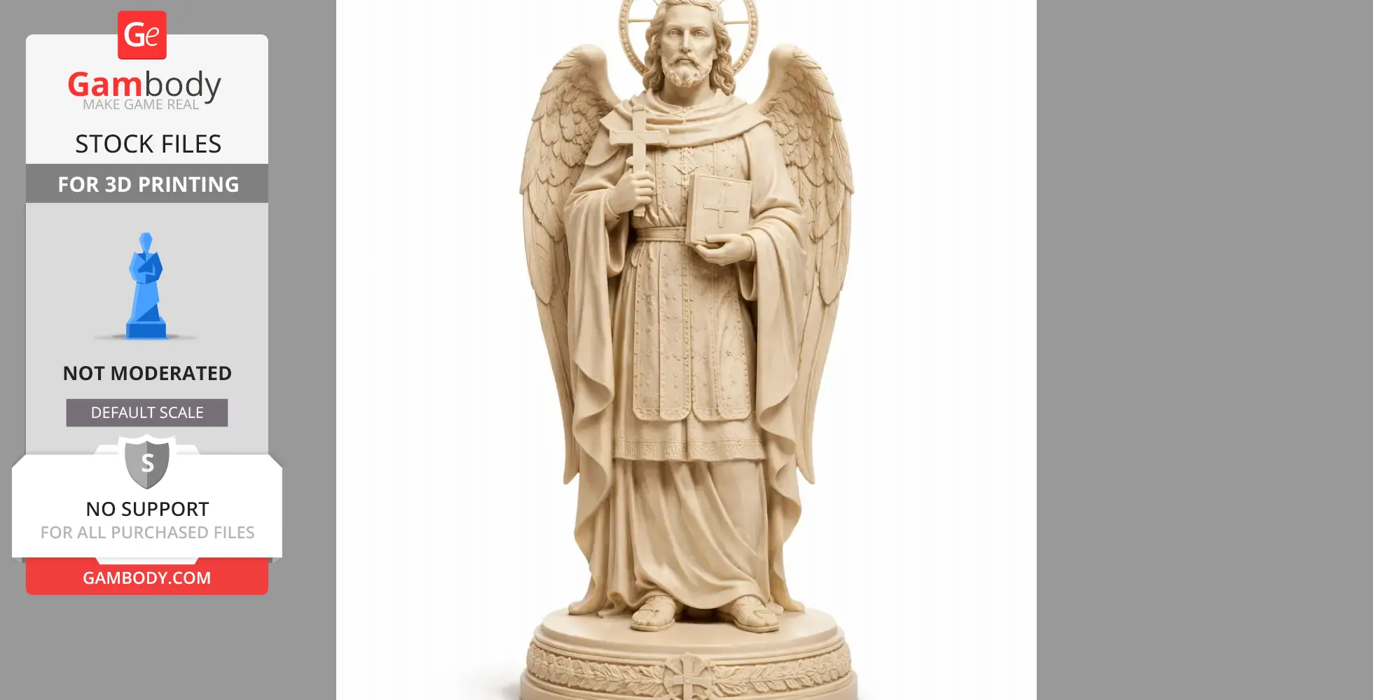 Winged saint statue holding a book and cross, with a halo, detailed robe, and intricate base design.