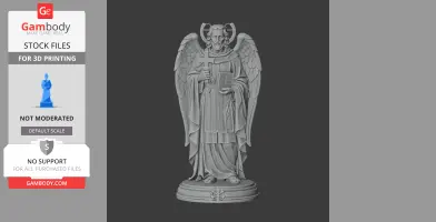 An angelic statue with wings, holding a cross and book, dressed in detailed robes on a pedestal base.
