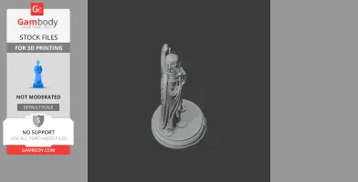 A detailed 3D model of a robed figure with wings, holding an object, standing on a round base.