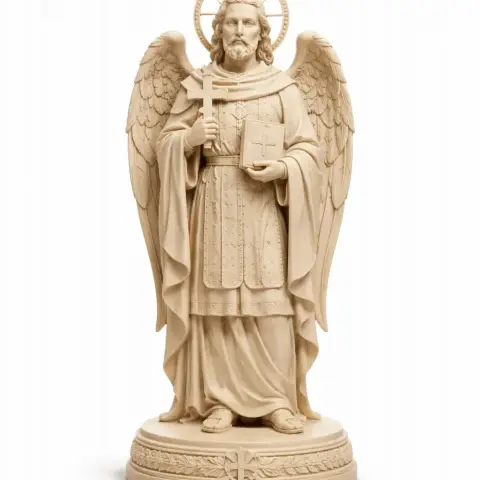Angel statue with wings, halo, key, and book, standing on ornate base.