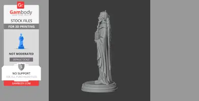 A side view of a detailed statue holding a book, draped in robes, standing on a circular base.