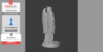 Angel statue with wings and cloak, holding a staff, standing on a round base.