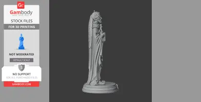 A detailed 3D statue of a robed figure with wings, holding a book, standing on a round base.