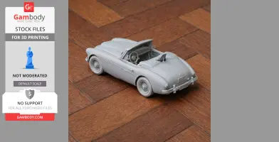 3D printed model of an Austin-Healey 3000 car on a wooden surface.