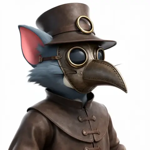 Character of an anthropomorphic cat in a plague doctor outfit with a beaked mask and top hat.
