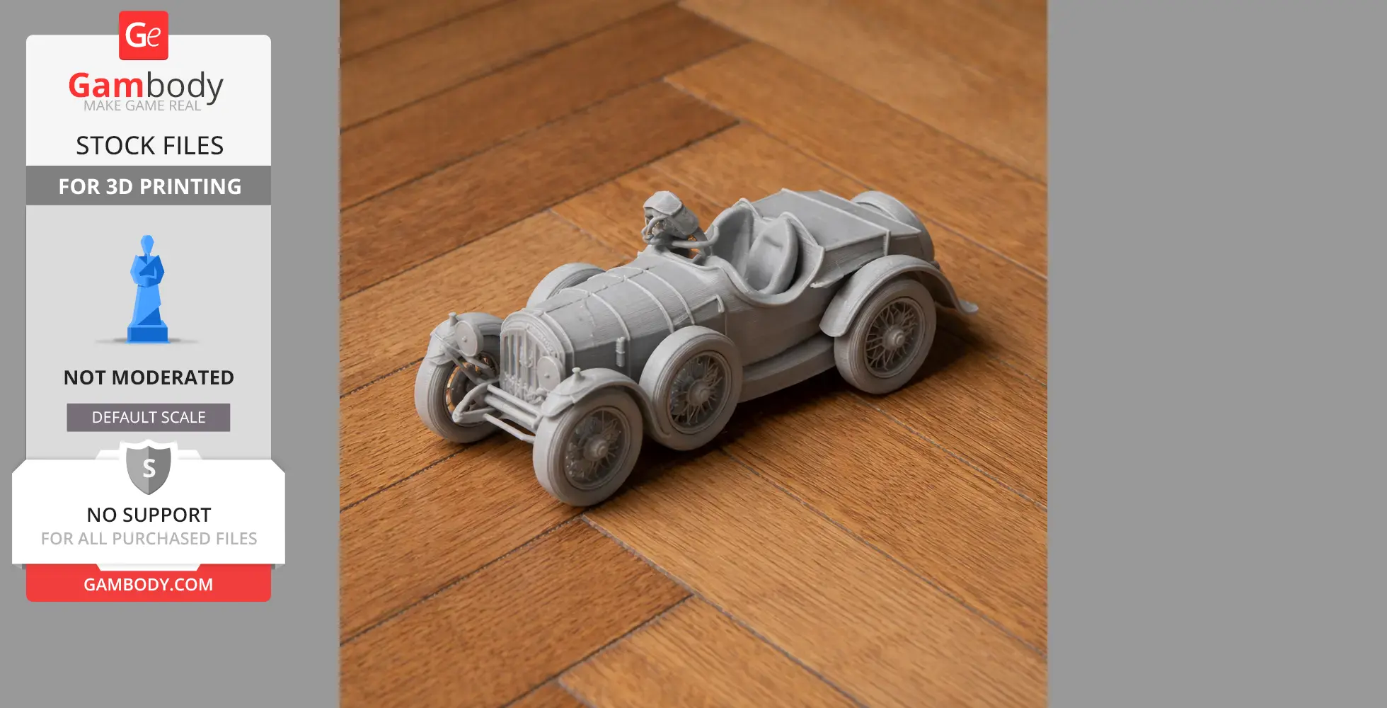 3D printed Austro-Daimler vintage car model on a wooden floor.