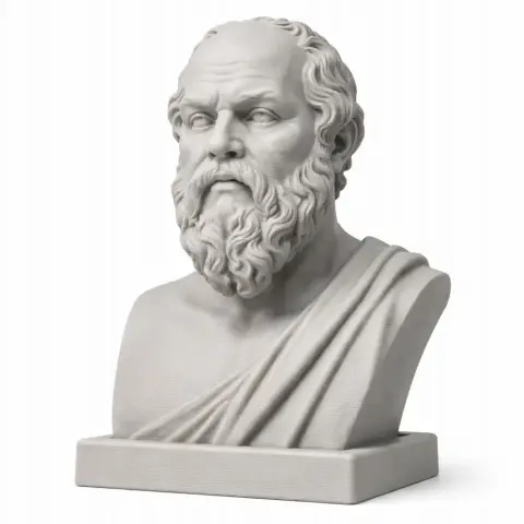 3D model of a bust depicting Socrates with detailed beard and robe on a square base.