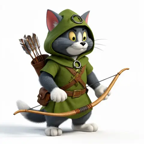 Cartoon cat in a green Robin Hood outfit with a bow and arrows.