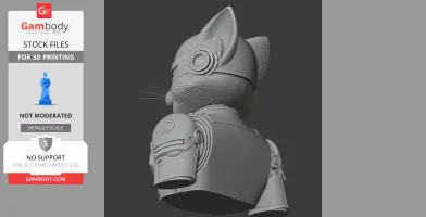 A 3D model of a cat's head in a robotic helmet, combining features of a robot and a cat.