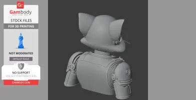 3D model of a robotic cat with mechanical arms and helmet-like headgear. Back view.