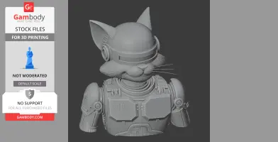 A 3D model of a cat with Robocop-inspired armor and helmet, designed for 3D printing.