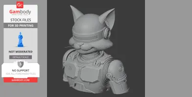A 3D model of a cat head with robotic armor and a visor, combining a cat and RoboCop.