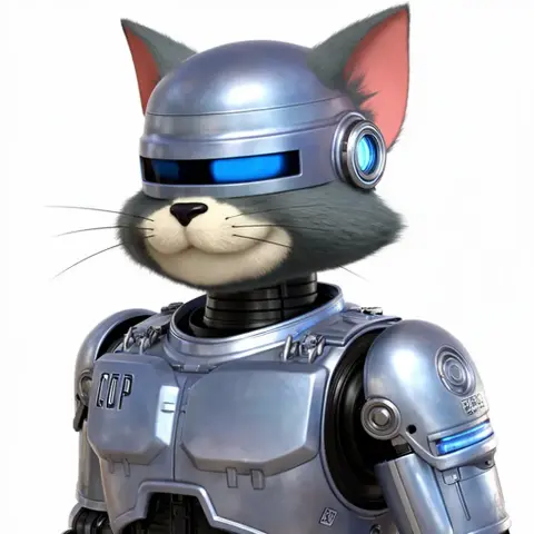 A robotic cat with armor and visor, blending Tom Cat and Robocop elements.