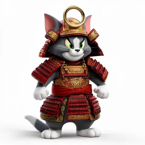 Samurai cat figure in red armor with a top ring, posed confidently.