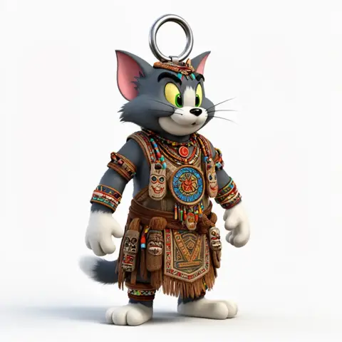 Anthropomorphic cat in shamanic attire with tribal jewelry and patterns, holding a ring above its head.