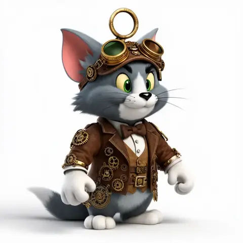 Steampunk cat character wearing goggles and a mechanical suit with gears and a monocle.