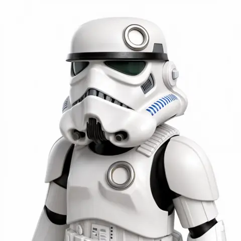 Mashup figure of a character in Stormtrooper armor, stylized with cartoonish features for 3D printing.