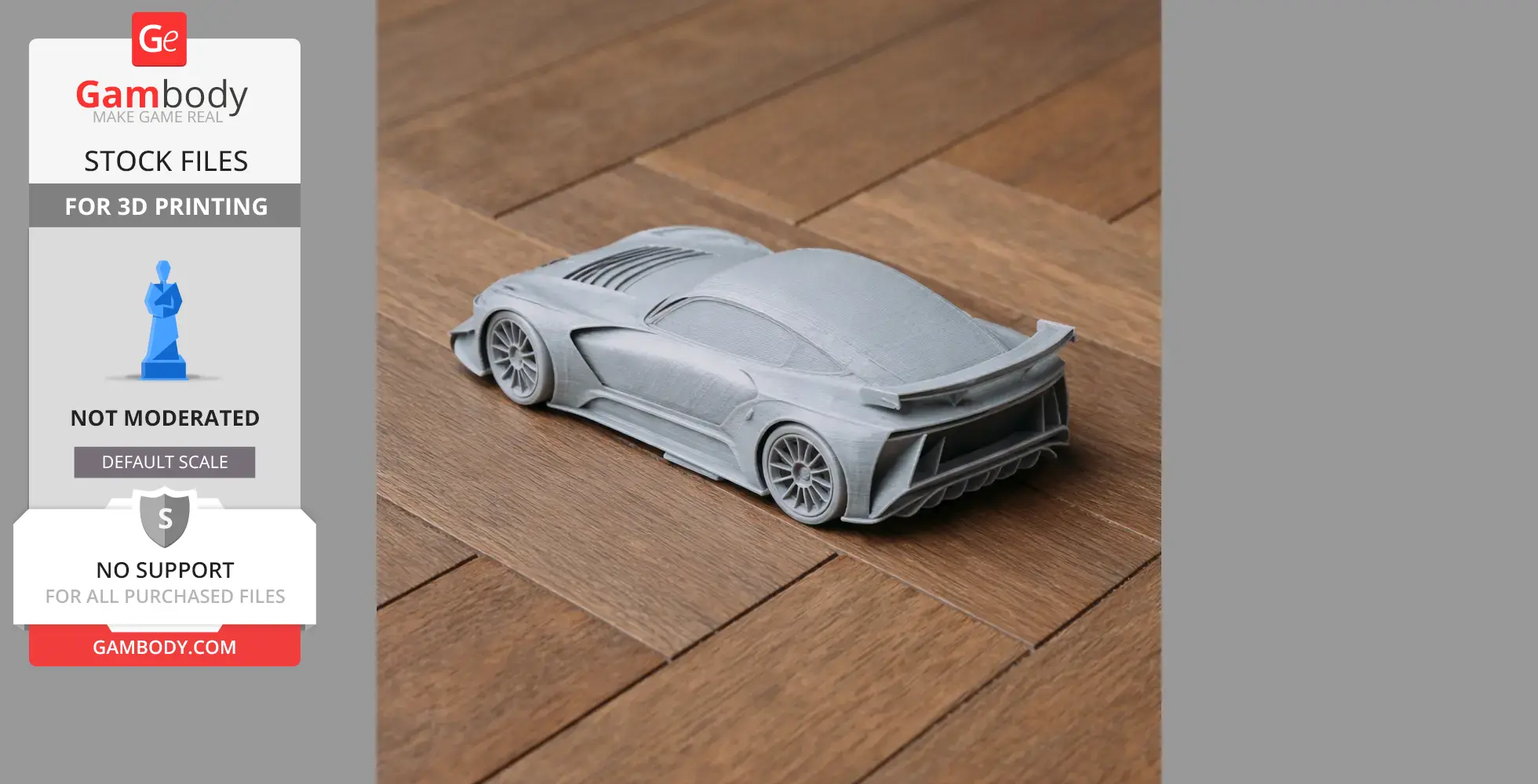 3D-printed gray sports car model with aerodynamic design, displayed on a wooden surface.