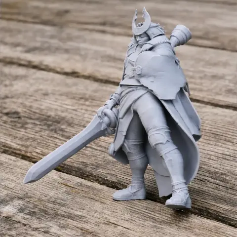 Samurai warrior figure in armor with a helmet and sword, standing on a wooden surface.