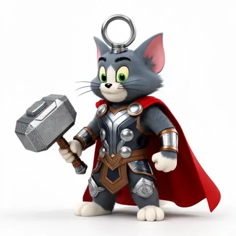 Cat in Thor costume with hammer and red cape, keyring on head.